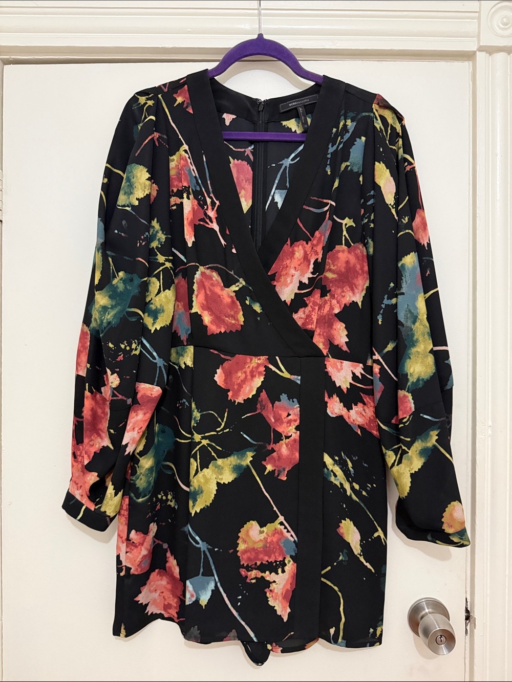BCBGMaxAzria Black Floral Long Sleeve Wrap Romper with Pink, Yellow & Blue Print